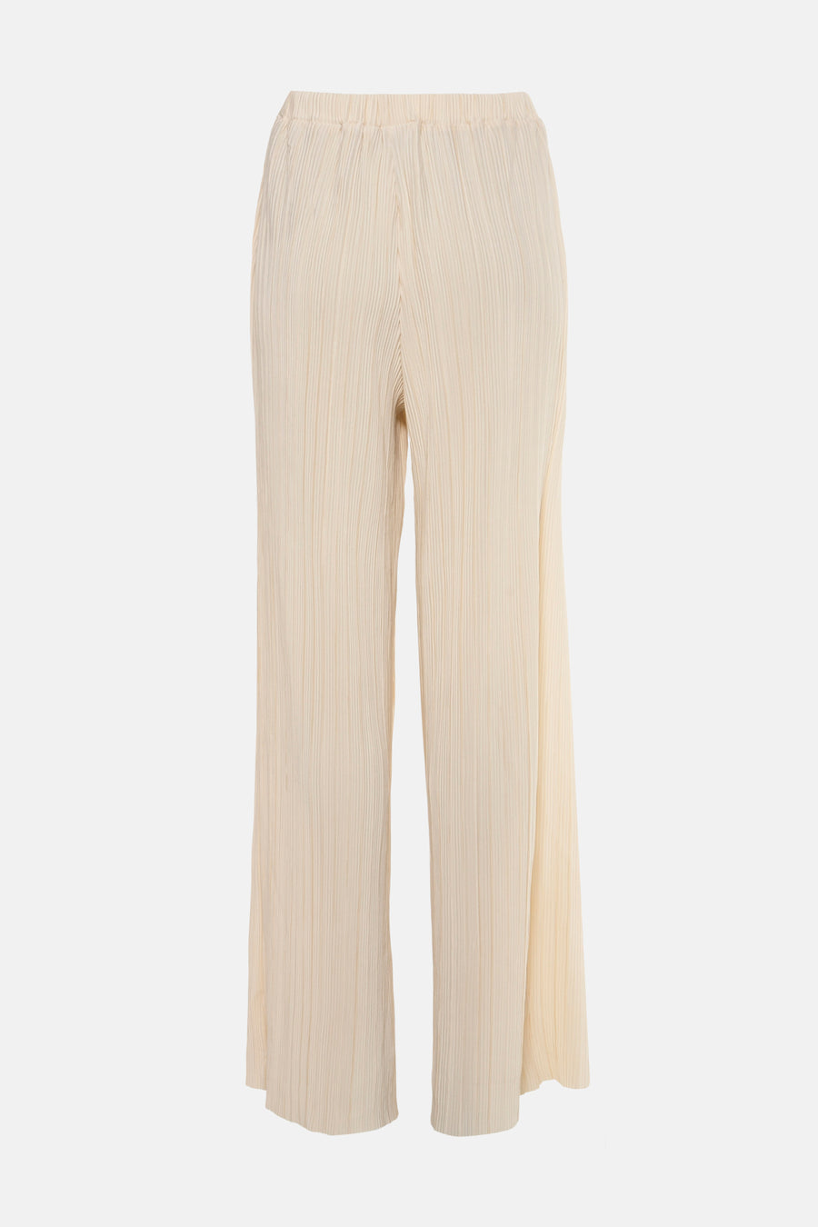 Beige geplooide broek van ZABAIONE met wijde pijpen en elastische tailleband.
