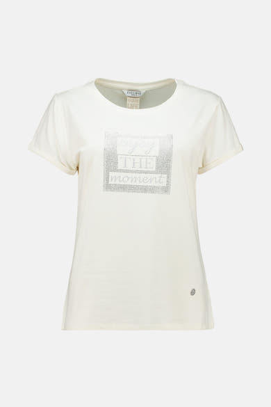 Wit T-shirt met korte mouwen van ZABAIONE, met een decoratieve vierkante print met zilveren strass-steentjes.