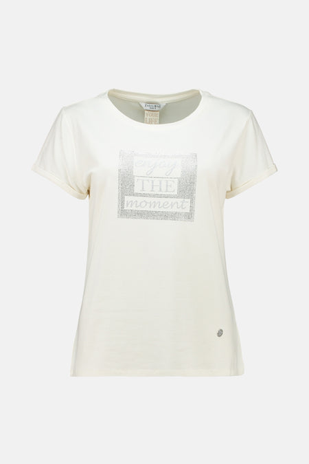Wit T-shirt met korte mouwen van ZABAIONE, met een decoratieve vierkante print met zilveren strass-steentjes.