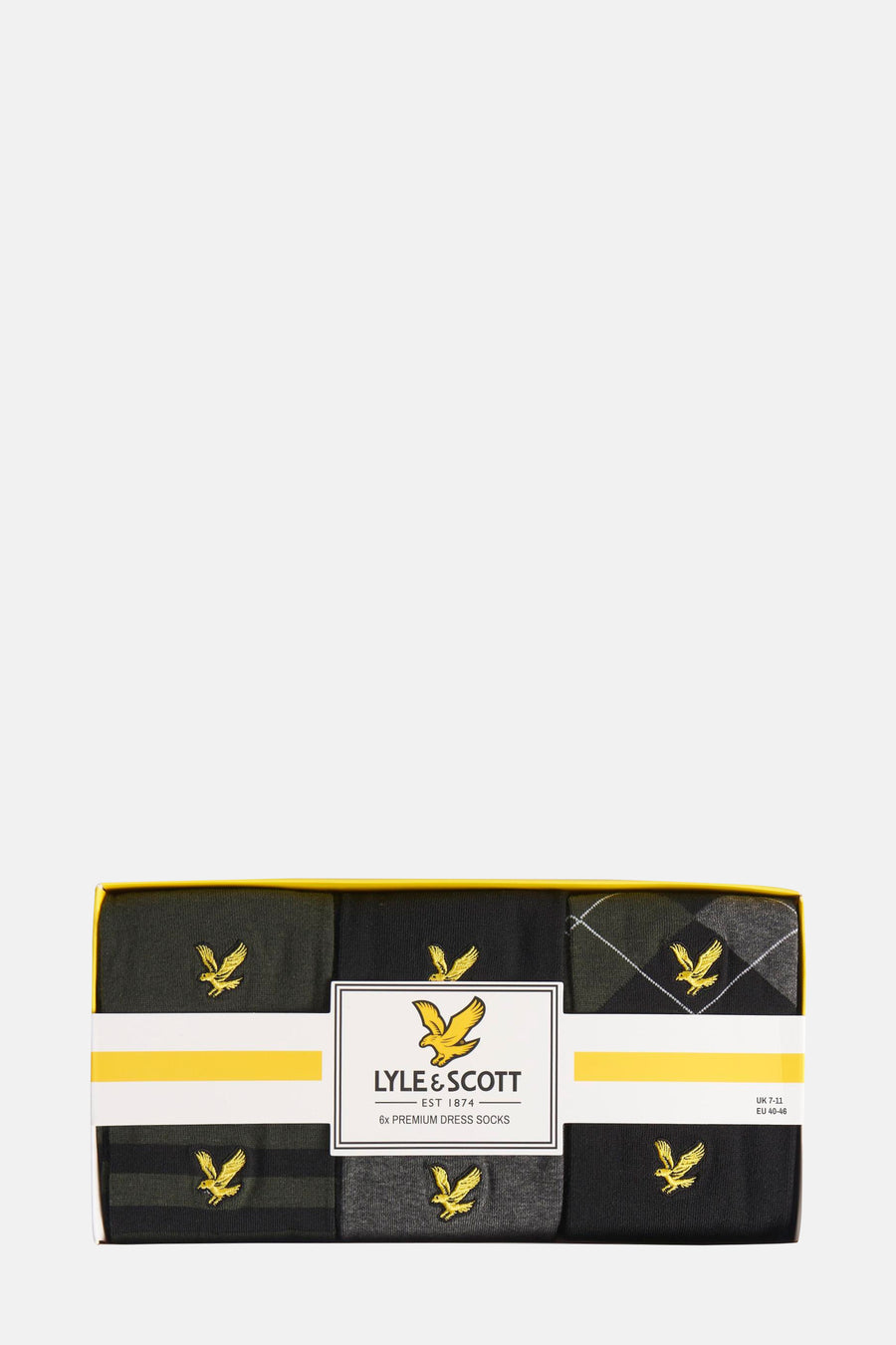 Set van zes paar veelkleurige sokken van Lyle & Scott, diverse patronen en geborduurd logo.