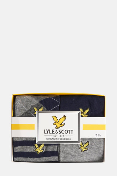 Multikleuren sokkendoos van Lyle & Scott, met diverse patronen en geborduurd adelaarslogo.