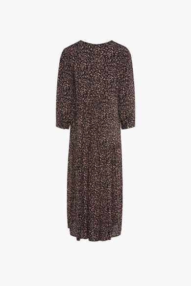 Zwarte jurk met lange mouwen van Zabaione, met lichtbruin bloemenpatroon, geplooide midi-snit.