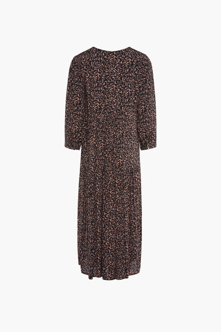 Zwarte jurk met lange mouwen van Zabaione, met lichtbruin bloemenpatroon, geplooide midi-snit.