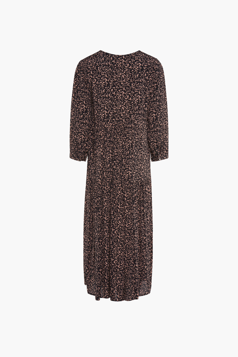 Zwarte jurk met lange mouwen van Zabaione, met lichtbruin bloemenpatroon, geplooide midi-snit.