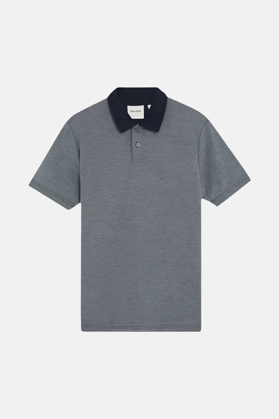 Polo bleu à manches courtes de Lyle & Scott, avec un col marine contrastant et une texture chinée subtile.
