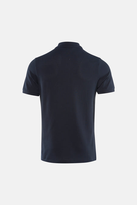 Blauwe polo met korte mouwen van LYLE & SCOTT, subtiele pique textuur, achterzijde.