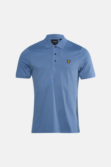 Blue short-sleeve polo shirt by Lyle & Scott with yellow eagle logo on chest, ribbed collar, and button placket, front view