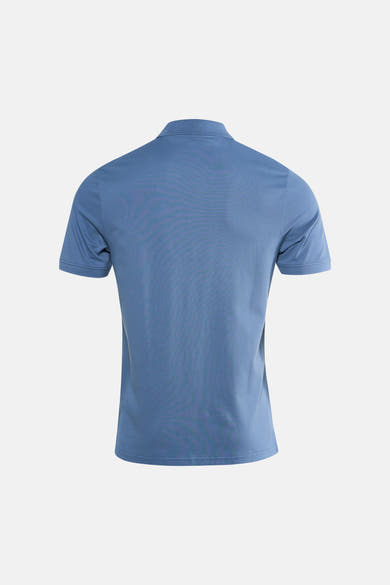 Blue short-sleeve polo shirt back view, solid color with ribbed collar and textured piqué fabric