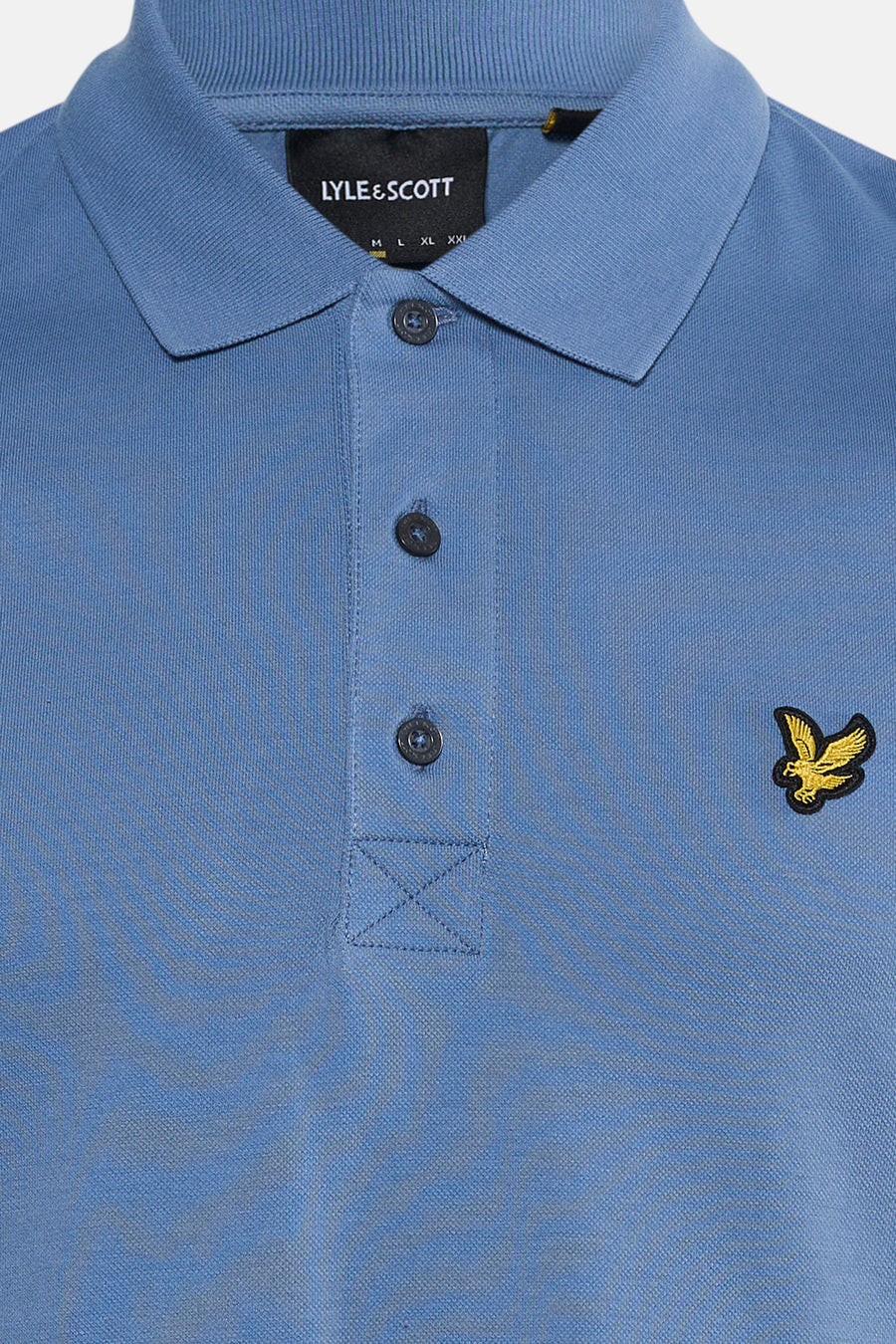 Blue short-sleeve polo shirt by Lyle & Scott, featuring ribbed collar, dark buttons, and embroidered golden eagle logo on chest.