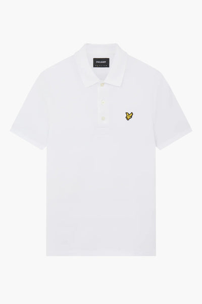 White polo shirt by D'YER & SCOTT with yellow bird embroidery on chest, front view, clean pique texture