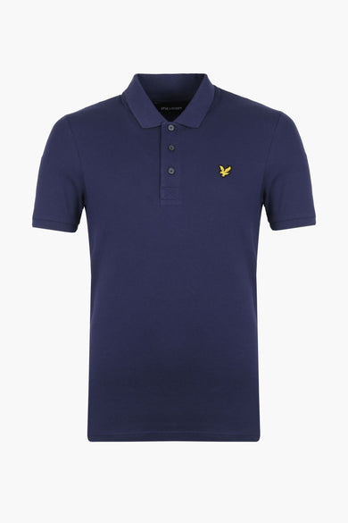 Navy blue short-sleeve polo shirt by Lyle & Scott with yellow eagle logo on chest, front view, pique texture