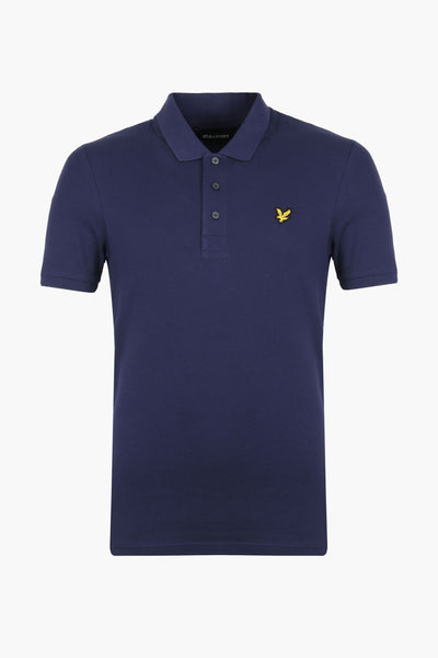 Navy blue short-sleeve polo shirt by Lyle & Scott with yellow eagle logo on chest, front view, pique texture