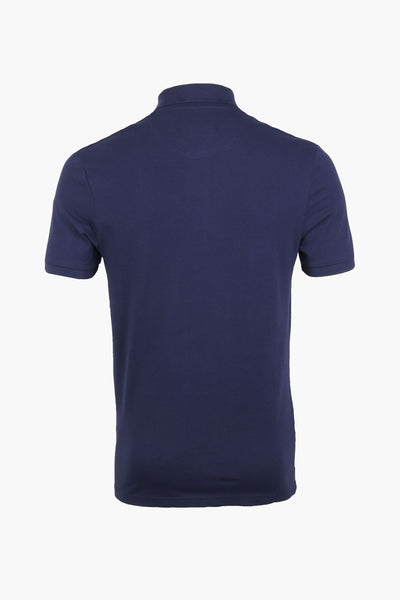 Navy blue short-sleeve polo shirt back view, solid color, ribbed collar, smooth knit fabric