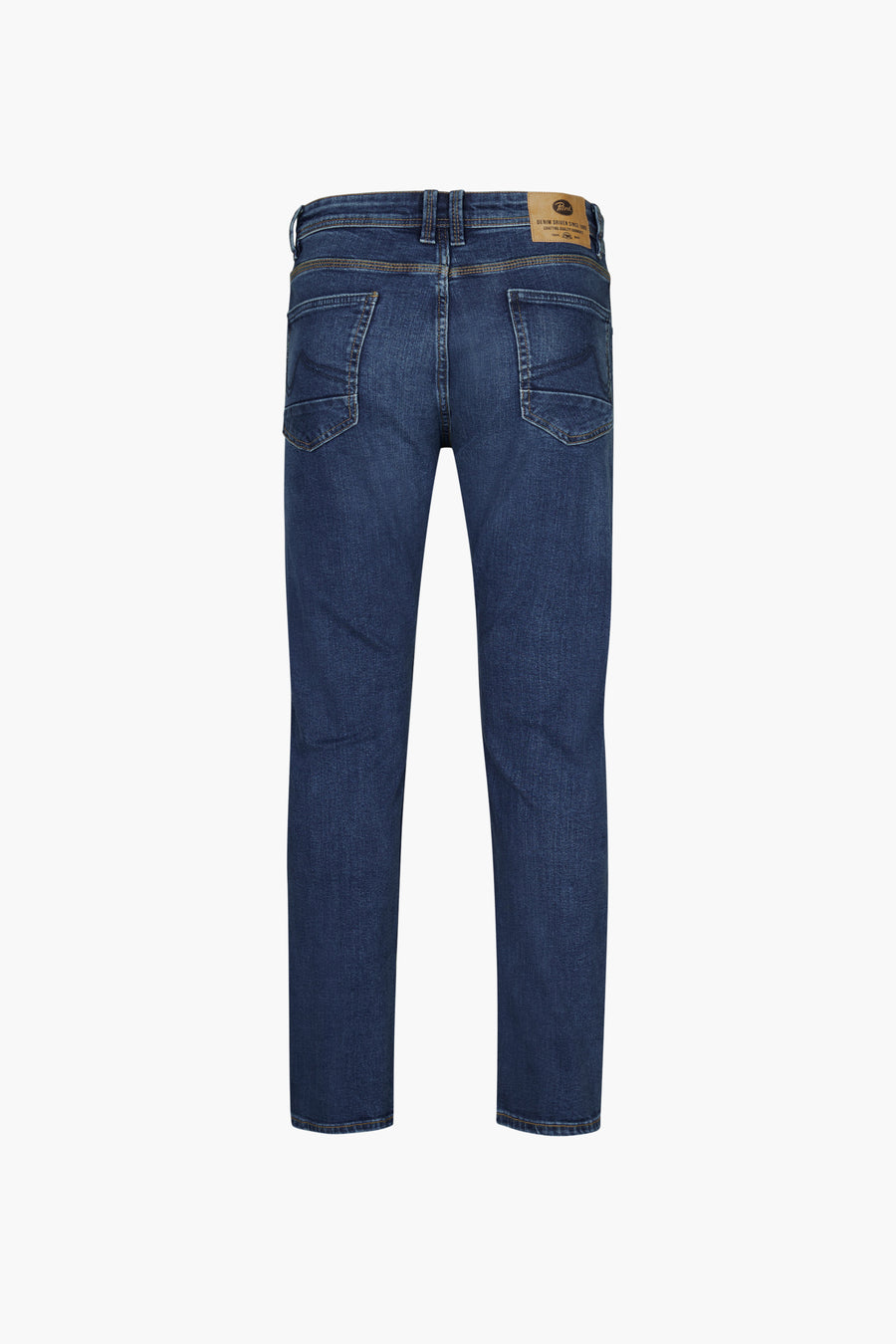 Rechte, middinblauwe jeans van Petrol Industries, met achterzakken en contrasterende stiksels.