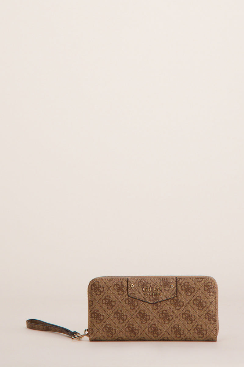 Bruine Guess® portemonnee met all-over monogramprint en ritssluiting.