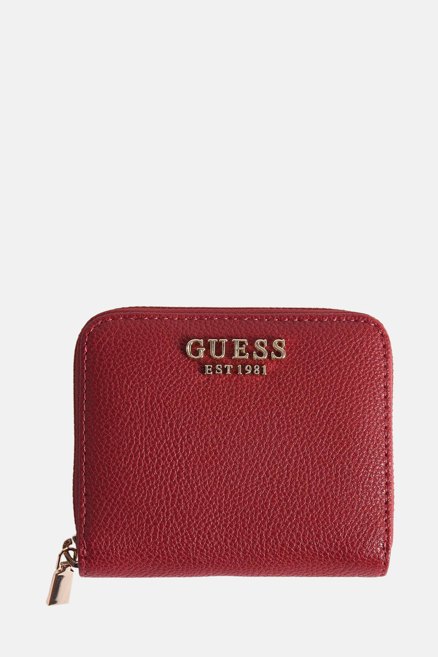Portefeuille rouge texturé par Guess, avec fermeture éclair dorée et logo apparent.