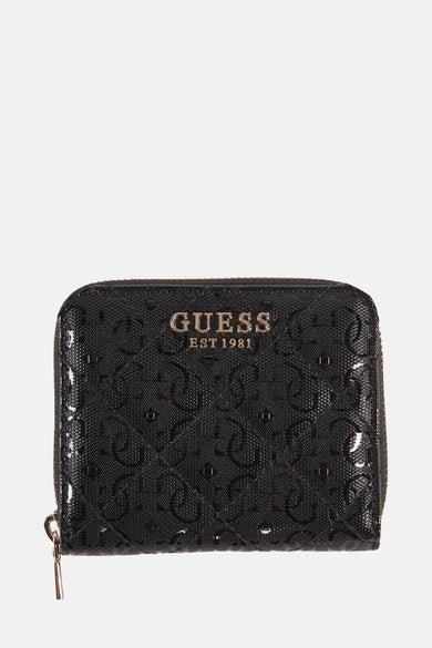 Zwarte portefeuille van Guess, met een reliëf monogrampatroon en een gouden ritssluiting.