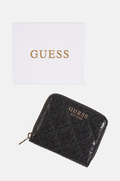 Zwarte kleine portemonnee van Guess, met toon-op-toon patroon en ritssluiting.