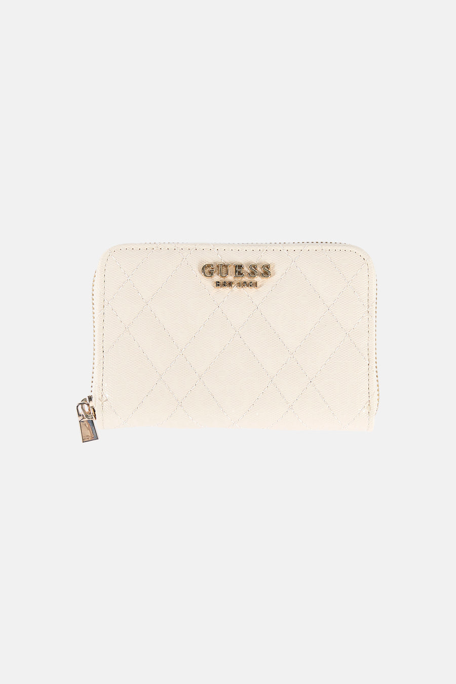 Beige Guess® portemonnee met ruitvormig doorgestikt patroon en gouden ritssluiting.