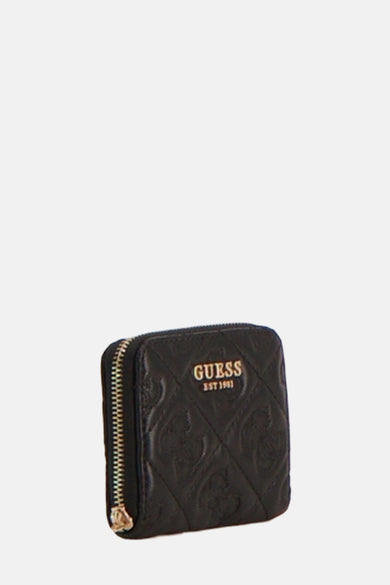Zwarte Guess portemonnee met ruitvormig doorgestikt patroon en ritssluiting.
