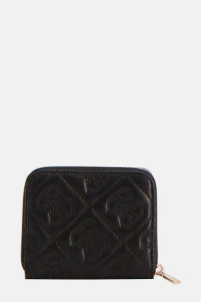 Zwarte Guess portemonnee met gewatteerd patroon en gouden ritssluiting.