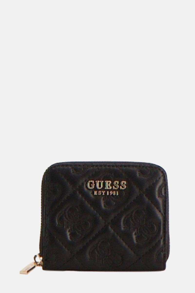 Zwarte kunstleren portemonnee van Guess met herhaald gewatteerd merklogo en ritssluiting.