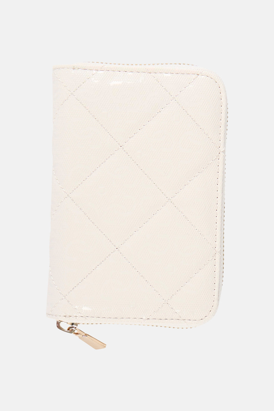 Portefeuille blanc de Guess®, motif matelassé en losanges et fermeture éclair dorée.