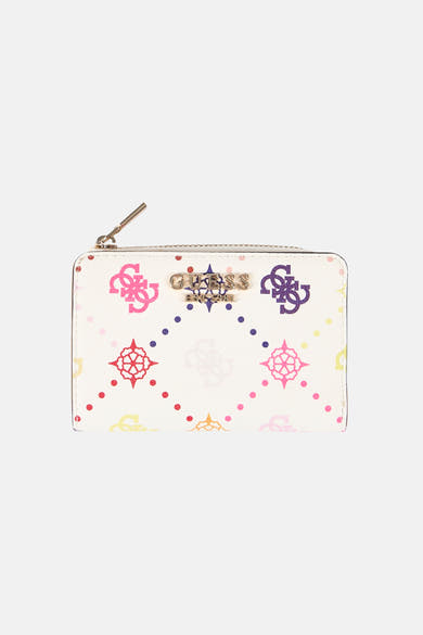 Portefeuille multicolore Guess avec logo doré, motifs graphiques et fermeture éclair.