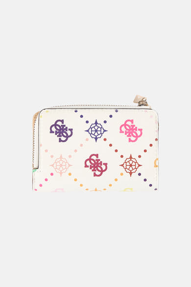 Portefeuille multicolore de Guess, avec motif à losanges et logo, fermeture à glissière beige et tirette en forme de cœur.