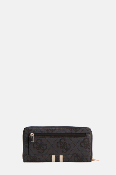 Zwarte Guess portemonnee met logoprint, ritssluiting en decoratieve strepen.