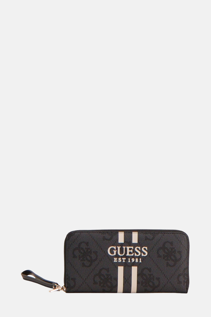 Zwarte Guess portefeuille met ton-sur-ton logo patroon en contrasterende strepen.