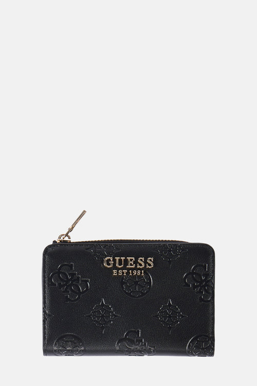 Zwarte Guess portemonnee met gouden ritssluiting en metalen drukknoop.