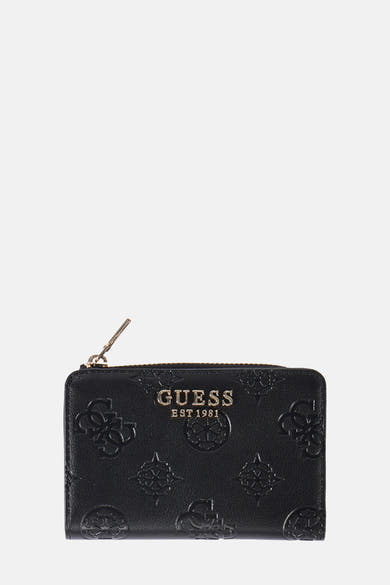 Zwarte Guess portemonnee met gouden ritssluiting en metalen drukknoop.