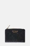 Zwarte Guess portemonnee met gouden ritssluiting en metalen drukknoop.