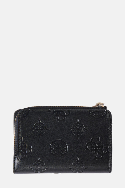 Zwarte Guess portefeuille met all-over reliëf logo patroon en gouden ritssluiting.