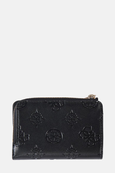 Zwarte Guess portefeuille met all-over reliëf logo patroon en gouden ritssluiting.