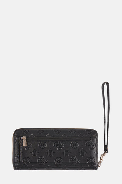 Portefeuille noir de Guess avec motif en relief et dragonne amovible.
