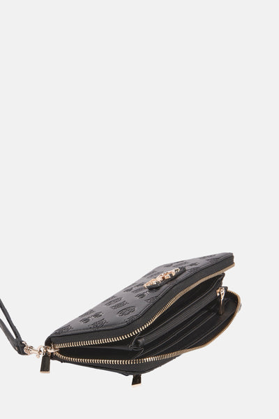 Portefeuille noir de Guess, avec motif imprimé ton sur ton et deux compartiments zippés.