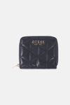 Zwarte Guess portemonnee met geometrisch gewatteerd patroon en zilveren ritssluiting.