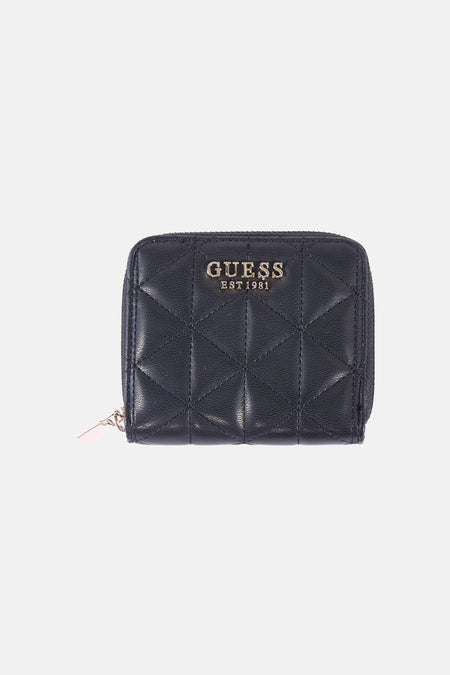 Portefeuille noir de Guess avec motif matelassé en losanges et fermeture éclair.