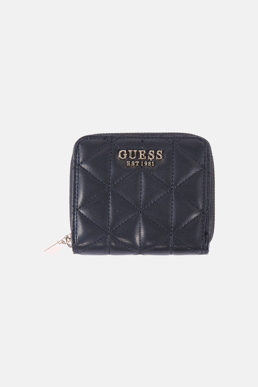 Zwarte Guess portemonnee met geometrisch gewatteerd patroon en zilveren ritssluiting.