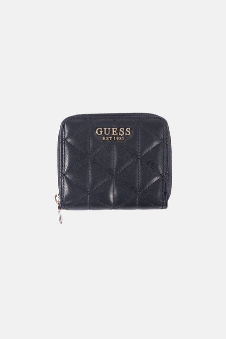 Portefeuille noir de Guess avec un motif matelassé à losanges et une fermeture éclair argentée.