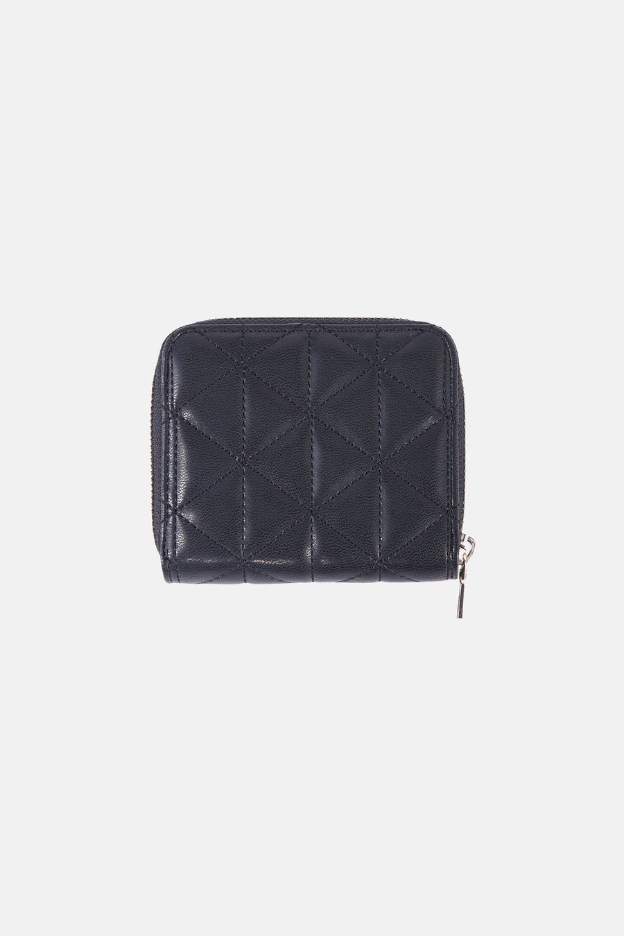 Portefeuille noir de Guess avec motif matelassé géométrique et fermeture éclair argentée.
