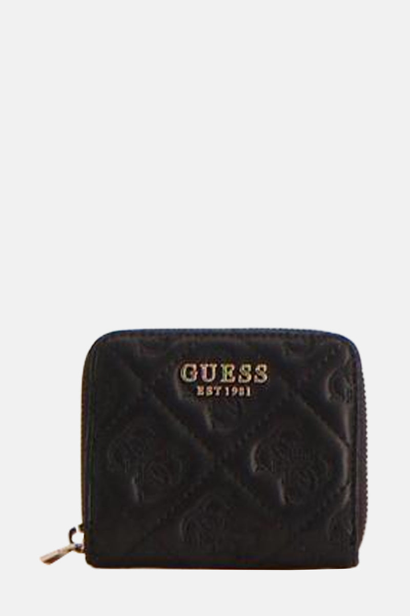Zwarte Guess® portemonnee met gewatteerd patroon en gouden ritssluiting.