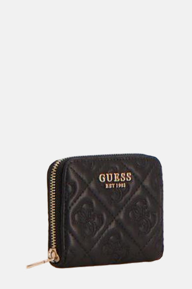 Zwarte Guess portemonnee met reliëfpatroon en gouden ritssluiting.
