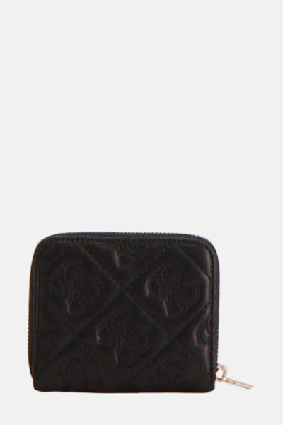 Porte-monnaie noir Guess® avec motif matelassé et fermeture éclair dorée.