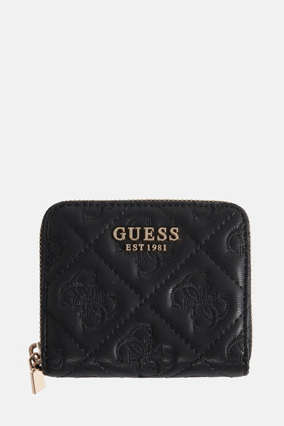 Portefeuille noir de Guess avec un motif matelassé et le logo de la marque.
