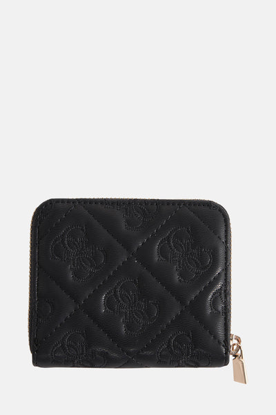 Porte-monnaie noir de Guess avec motif matelassé et fermeture éclair dorée.
