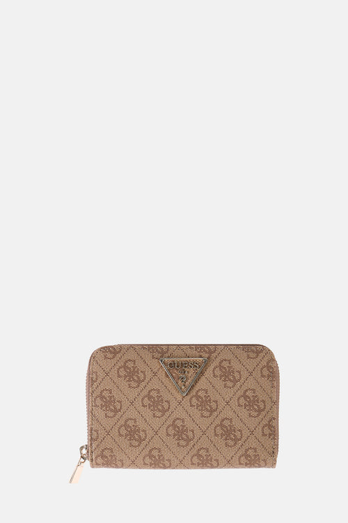 Bruine Guess portemonnee met decoratief patroon en zichtbare rits.