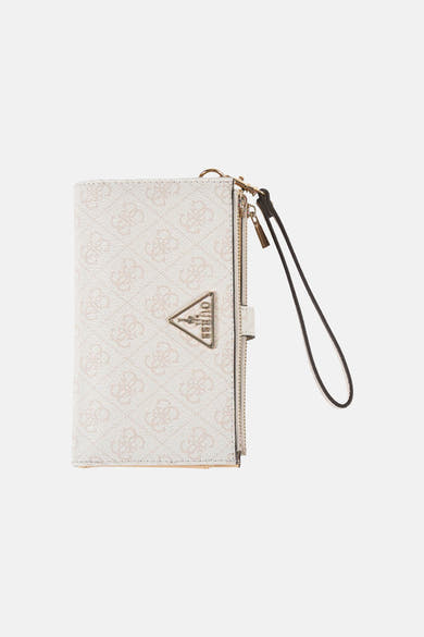Beige Guess portemonnee, versierd met een herhaald logo-patroon en een polsbandje.